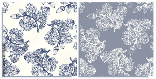 Vector set of seamless patterns with wonderful outline oak branch with leaves, acorns, hand-drawn in graphic and real-style at the same time. Contrast color: white, blue. Good cloth ornament, wrap