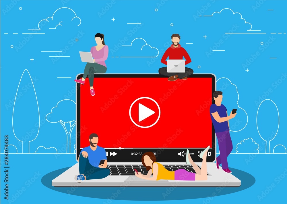 Fokken gesprek groet Video concept. people using mobile gadgets, tablet pc and smartphone for  live watching a video via internet. Vector illustration in flat style Stock  Vector | Adobe Stock