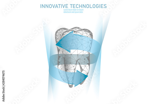 Low poly tooth protection medical concept. Whitening toothpaste enamel reconstruction healthcare. Polygonal healthy dentistry procedure glowing arrow around tooth vector illustration