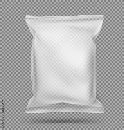 Transparent food snack pillow bag on transparent background. Vector illustration. Can be use for template your design, promo, adv.	