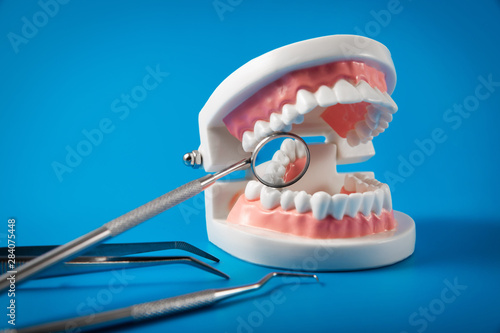dental hygiene and treatment - tooth model and dentist tools on blue background