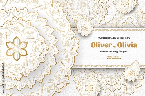Set of wedding invitation templates with floral paisley and mandala. Flower and leaves patterns. Golden ornaments. Vector illustration.