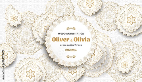 Set of wedding invitation templates with floral paisley and mandala. Flower and leaves patterns. Golden ornaments. Vector illustration.