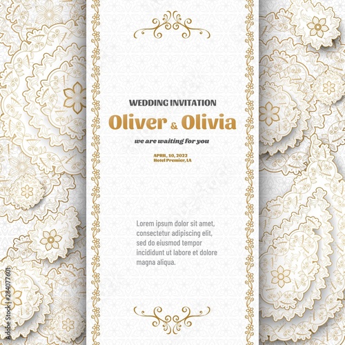 Set of wedding invitation templates with floral paisley and mandala. Flower and leaves patterns. Golden ornaments. Vector illustration.