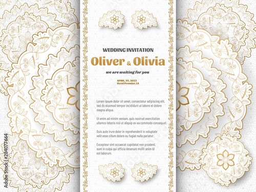 Set of wedding invitation templates with floral paisley and mandala. Flower and leaves patterns. Golden ornaments. Vector illustration.