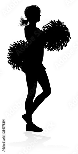 Sports cheerleader in silhouette with pompoms