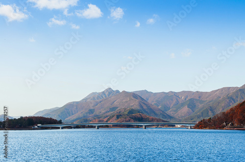 Lake Kawaguchiko Ohashi bridge and moutains in winter - Japan
