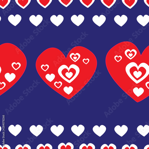 Vector seamless folk art vector pattern, white and red hearts on blue backgrounfd. Retro style decoration.