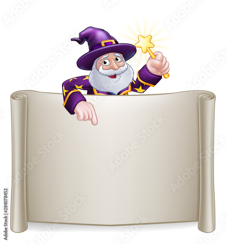 A wizard cartoon character holding a magic wand peeking over a scroll sign and pointing at it