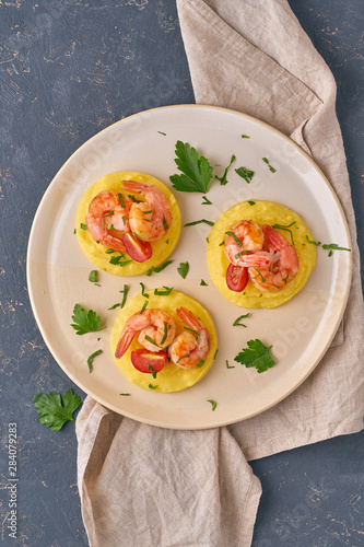 Shrimp & Polenta - fodmap dash diet gluten free dish, top view closeup, vertical photo