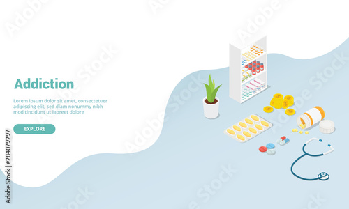 drug addiction concept with variations of drugs for website template or landing homepage with isometric modern flat style - vector