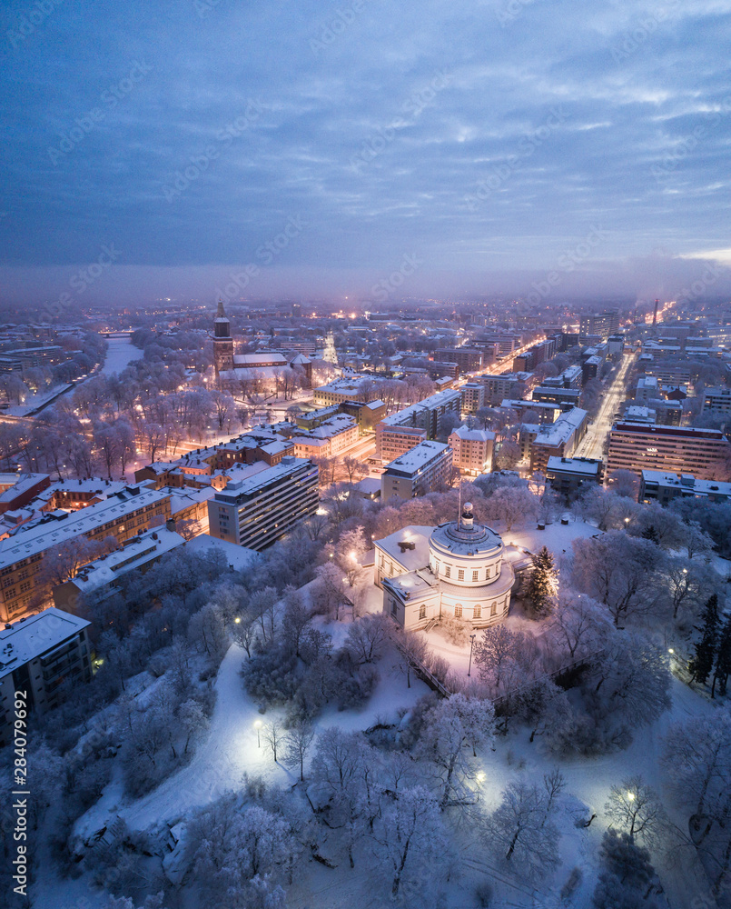 Aerial view of the old observatory building and Turku Cathedral at beautiful frosty winter morning