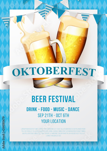 Oktoberfest party poster illustration with fresh beer, and blue and white party flag. Vector Illustration
