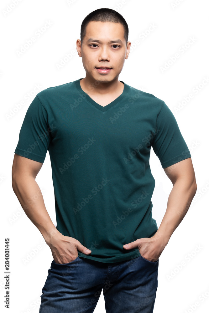 Fototapeta premium Asian model for green v-neck tshirt blank mockup template in your clothing design.