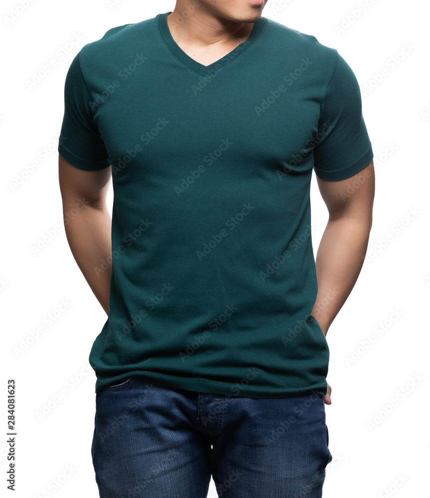 Asian model for green v-neck tshirt blank mockup template in your clothing design. Asian model for green v-neck tshirt blank mockup template in your clothing design.
