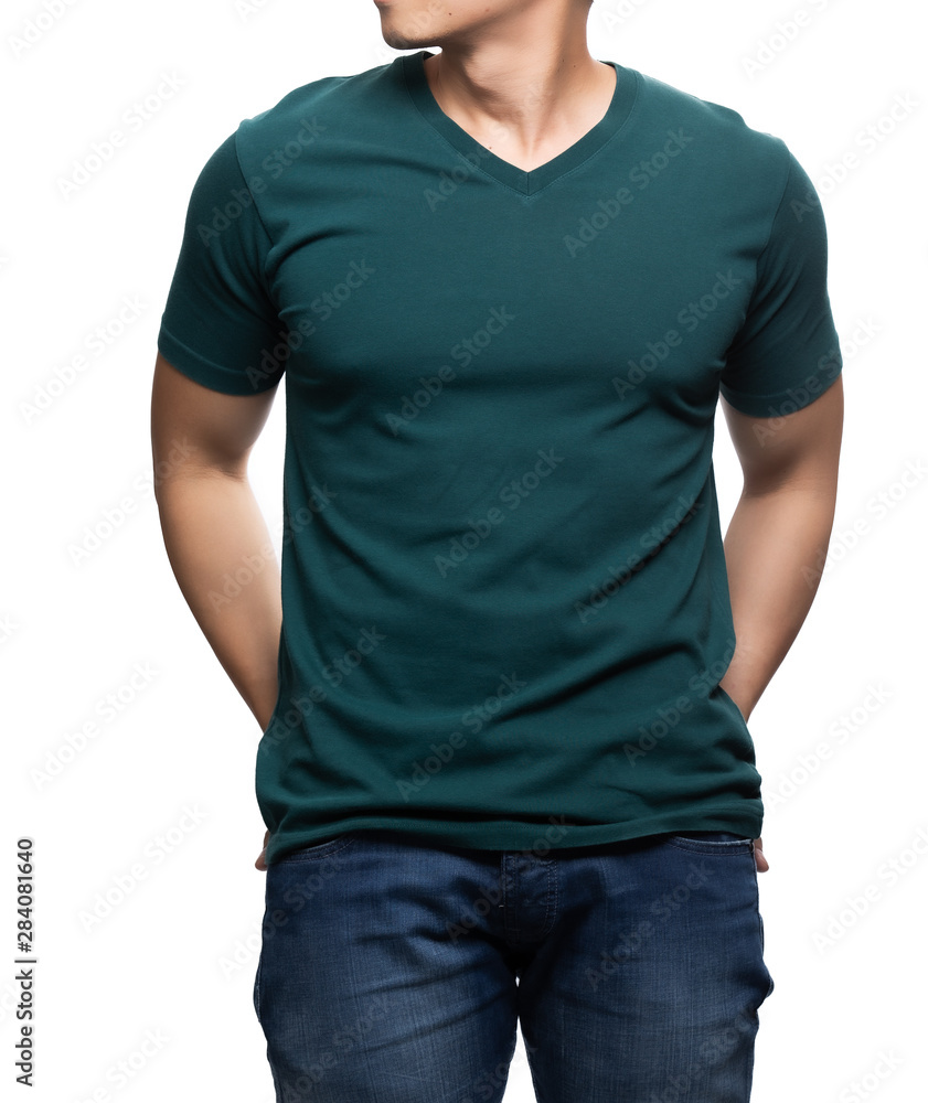 Asian model for green v-neck tshirt blank mockup template in your clothing design. Asian model for green v-neck tshirt blank mockup template in your clothing design.
