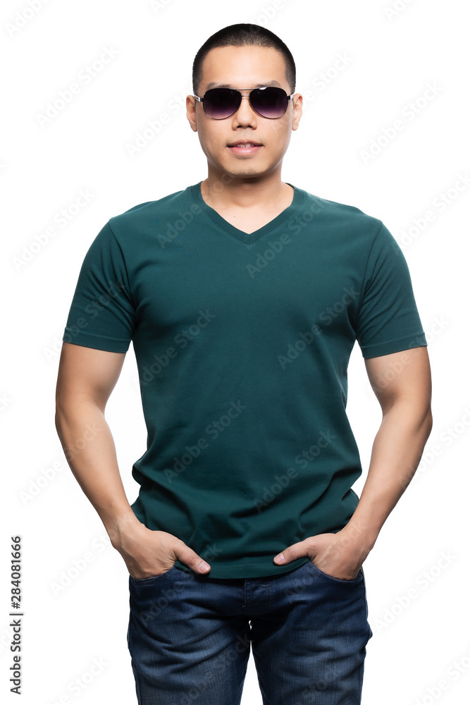 Asian model for green v-neck tshirt blank mockup template in your clothing design. Asian model for green v-neck tshirt blank mockup template in your clothing design.