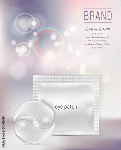Blank foil or plastic sachet for cosmetic and eye gel patches on color background with bokeh effect