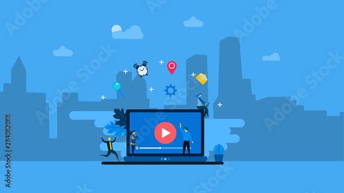 people streaming online video with their laptop.online tutorial video streaming can use for, landing page, template, ui, web, mobile app, poster, banner, flyer.vector ilustration