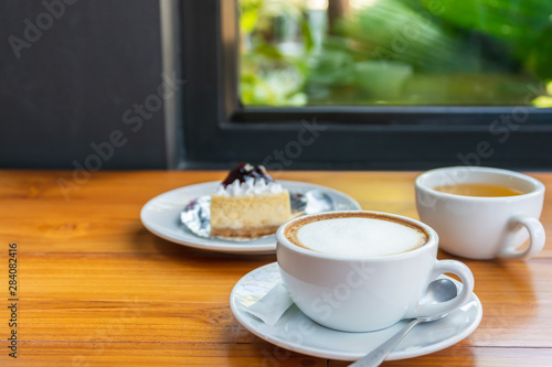 Wallpaper Mural Hot drink fresh coffee latte with cake and hot tea for breakfast. Torontodigital.ca