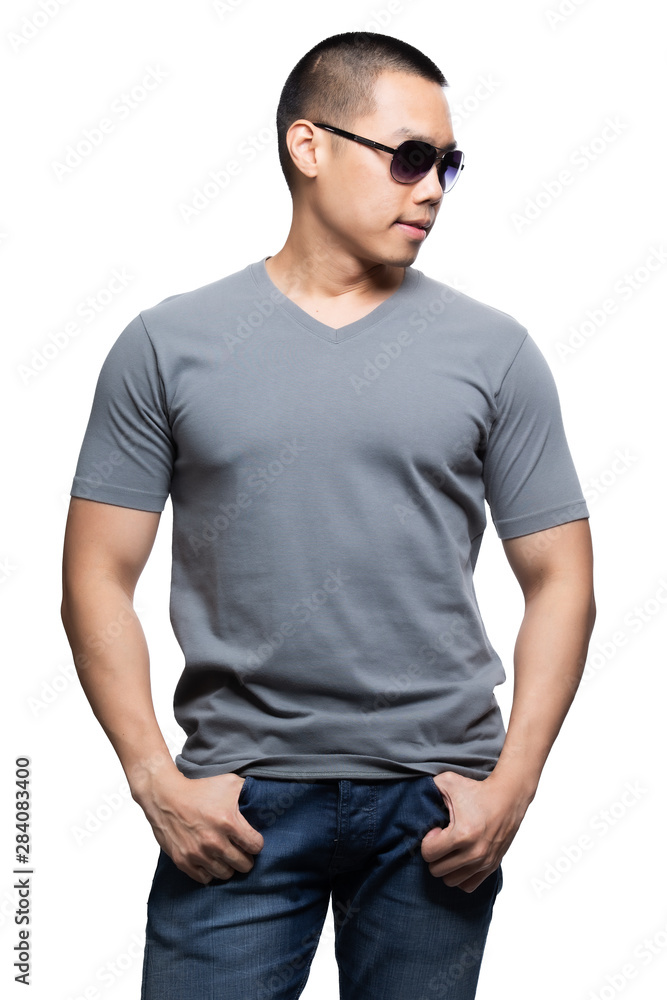 Grey on asian model for v-neck tshirt blank mockup template Grey on asian model for v-neck tshirt blank mockup template