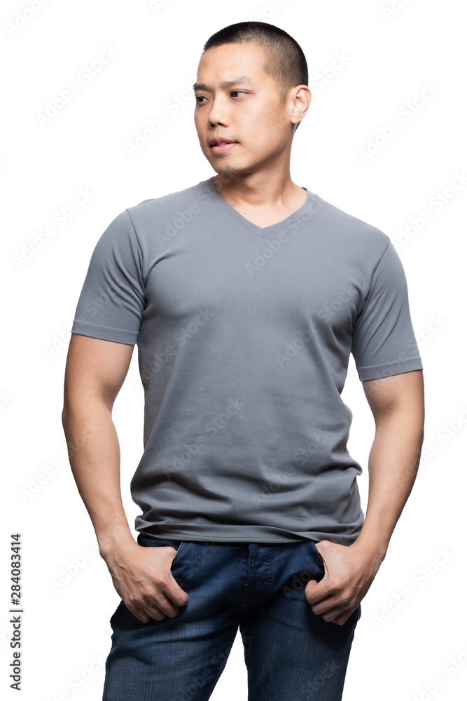 Grey on asian model for v-neck tshirt blank mockup template Grey on asian model for v-neck tshirt blank mockup template