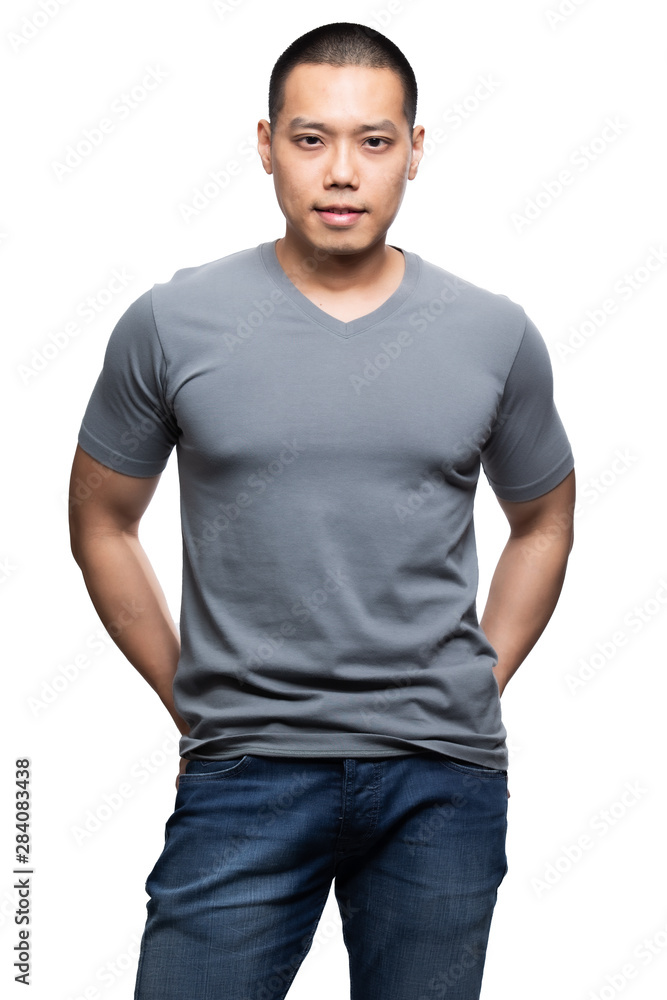 Grey on asian model for v-neck tshirt blank mockup template Grey on asian model for v-neck tshirt blank mockup template