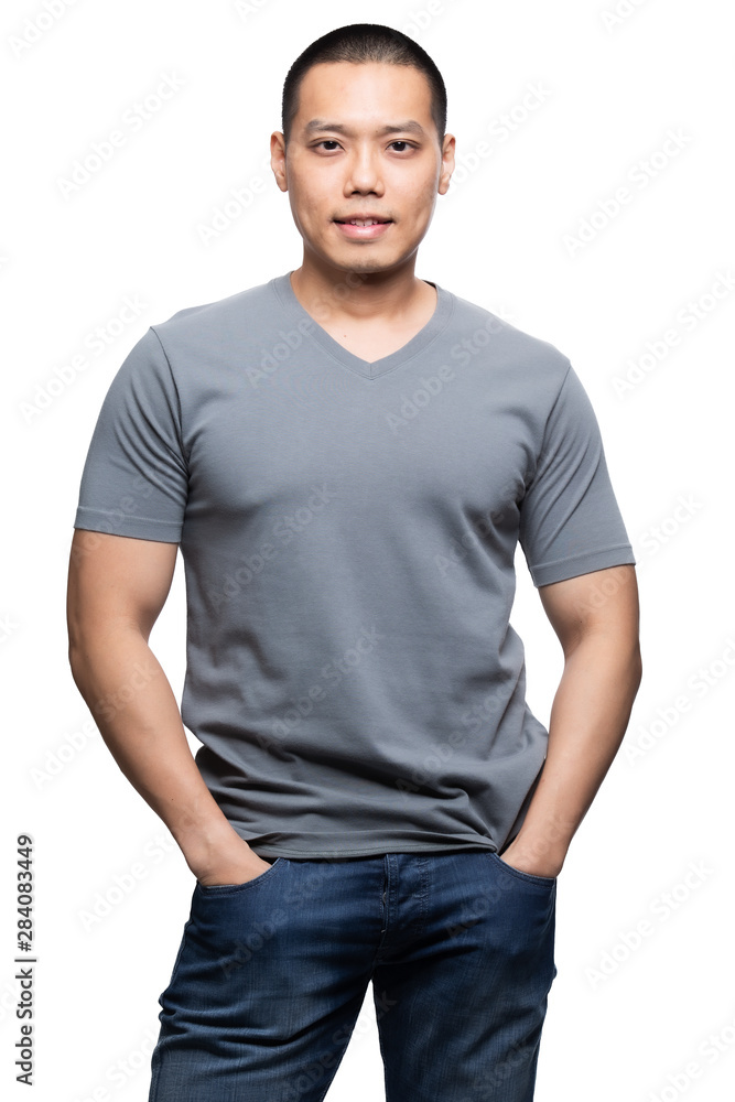 Grey on asian model for v-neck tshirt blank mockup template Grey on asian model for v-neck tshirt blank mockup template