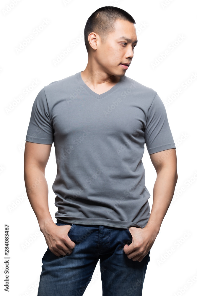 Grey on asian model for v-neck tshirt blank mockup template