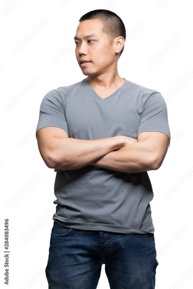 Grey on asian model for v-neck tshirt blank mockup template