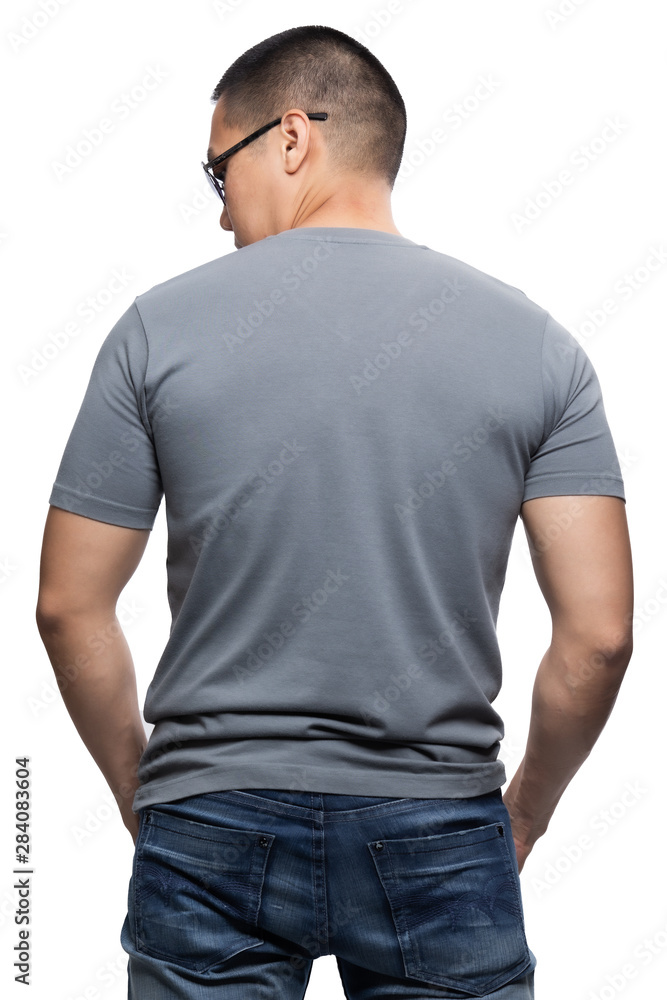 Grey on asian model for v-neck tshirt blank mockup template Grey on asian model for v-neck tshirt blank mockup template