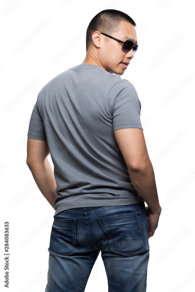Grey on asian model for v-neck tshirt blank mockup template Grey on asian model for v-neck tshirt blank mockup template