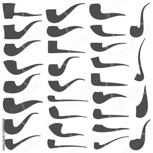 Set of black and white illustrations with smoking pipes of different shapes and types. Isolated vector objects on a white background.
