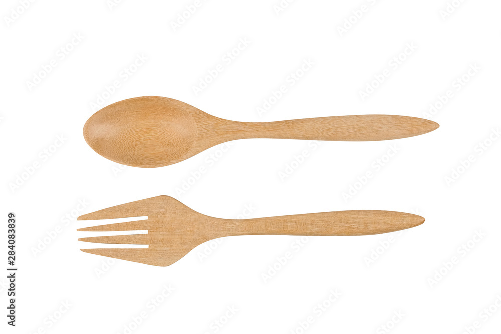 wood spoon and fork isolated on white background, Eco kitchen equipment wood spoon and fork isolated on white background, Eco kitchen equipment