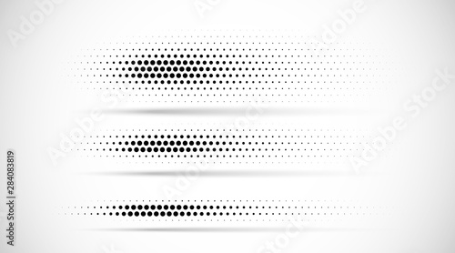 Set of halftone dots gradient pattern texture isolated on white background. Straight dotted spots using halftone circle dot raster texture. Vector blot half tone collection. Divider lines. photo