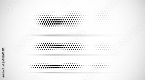 Set of halftone dots gradient pattern texture isolated on white background. Straight dotted spots using halftone circle dot raster texture. Vector blot half tone collection. Divider lines.