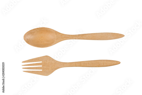 wood spoon and fork isolated on white background, Eco kitchen equipment