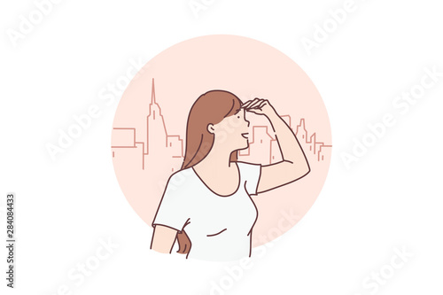 Concept of the young beautiful purposeful woman. Inspired freedom independence girl looking in space or the future with a smile. Teenager student looks for the friends. Cartoon flat Design Isolated