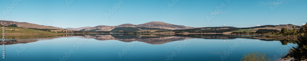 Panoramic of Clatteringshaws Loch near New Galloway in Scotland