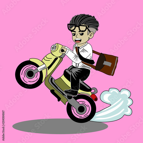 salaryman ride the motorcycle on pink background.