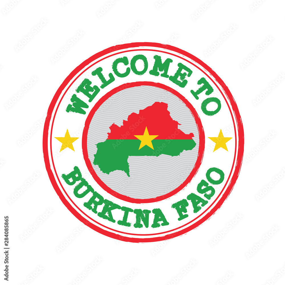 Vector stamp of welcome to Burkina Faso with map outline of the nation in center.
