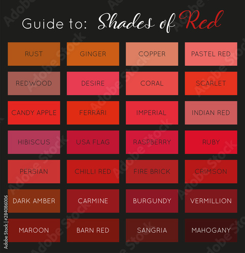 Guide to shades of Red - color palette with names vector