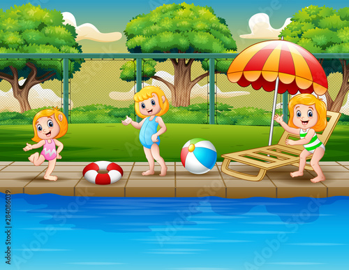 Cartoon happy girls playing in swimming pool