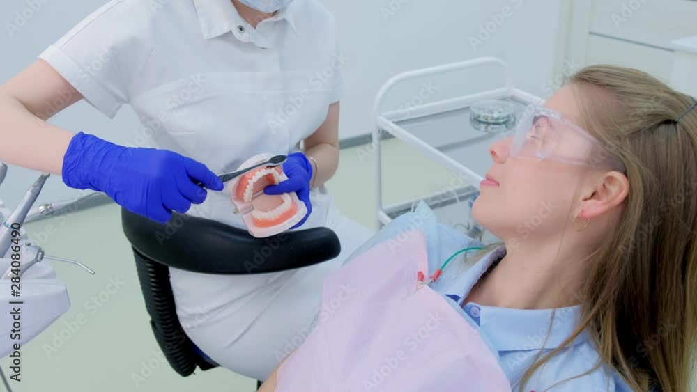 Dental oral hygiene. Dentist shows patient on jaw model how to clean