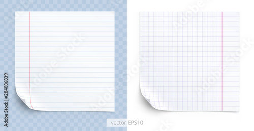Vector set of adhesive stickers with a folded edges. Pieces of school exercise books. Lined paper for writing training and grid paper. Blank icons. Empty mockups for any memos or educational apps