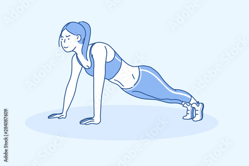 Sport Concept of a Young Beautiful Sport Woman Doing Plank. Strong Athletic girl performs Pushups or Fitness exercises on Yoga home, Gym. healthy lifestyle, be fit and lose weight. Cartoon flat Design