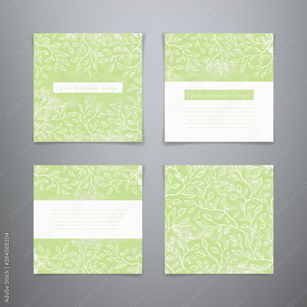 Set vector green watercolor templates. Frame with leaves. Vector green backgrounds. Watercolor design for tea shop, cosmetics, beauty products, organic and healthy food