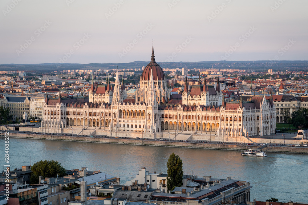 Hungarian Parliament Building at sunset in Budapest, Hungary.