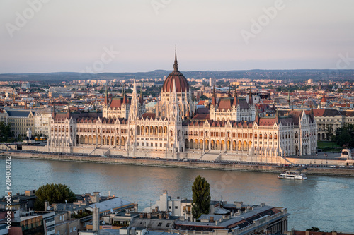 Hungarian Parliament Building at sunset in Budapest, Hungary.