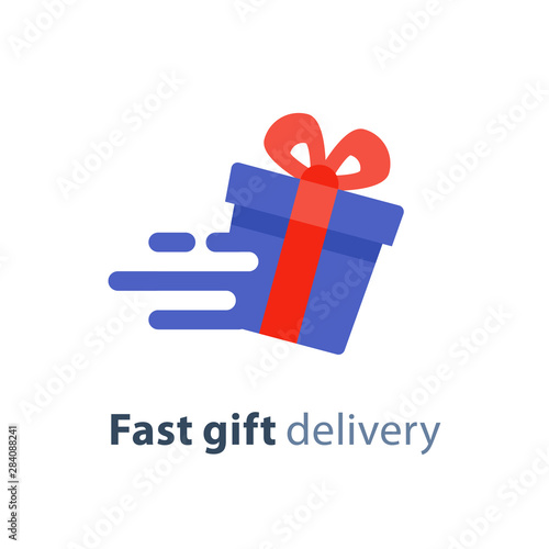 Gift box in motion icon, fast gift delivery service, present quick solution, vector illustration